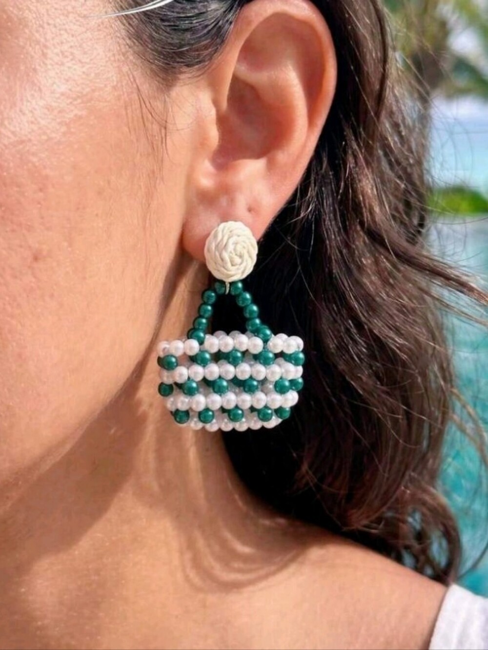 NEW! Chic Green and White Pearl Beaded Basket Handbag Drop Post Earrings